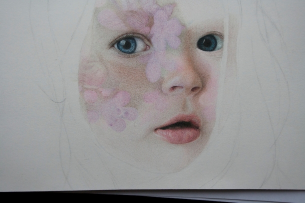 Colored pencil drawing of a girl with flowers.